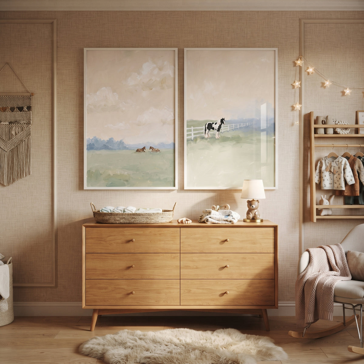 Soft Impressionist Meadow Horse Wall Art Set of 2 - Serene Horse Fields