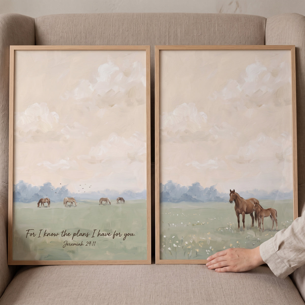 Soft impressionist pasture horse wall art set of 2 with horses, a mare and foal, and the Jeremiah 29:11 Bible verse.