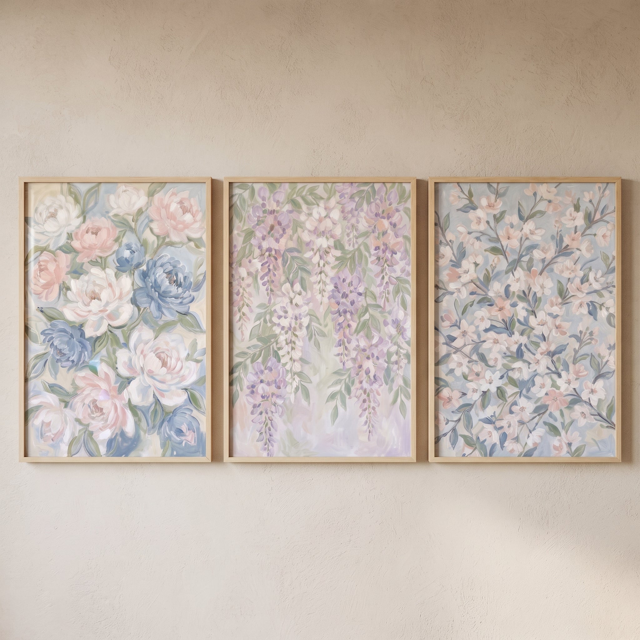 Soft Impressionist Spring Blossom Floral Wall Art Set of 3 - Soft Garden Trio