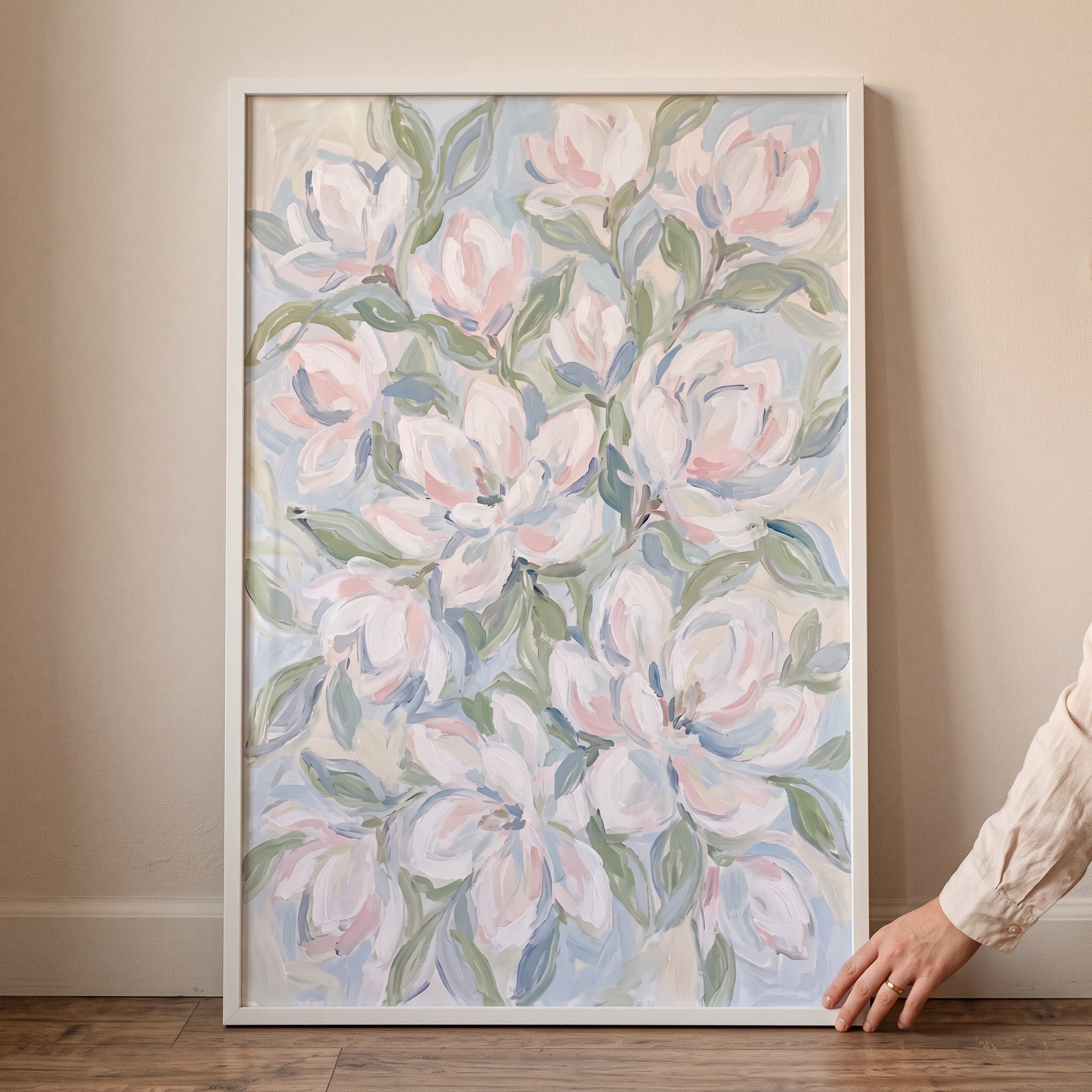 Soft Impressionist White Magnolia Floral Wall Art - Pastel Garden Whisper