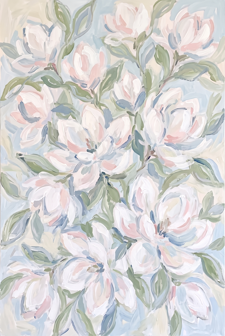 Soft impressionist white magnolia floral wall art with thick brushstrokes in pastel pink, sage green, and soft blue.