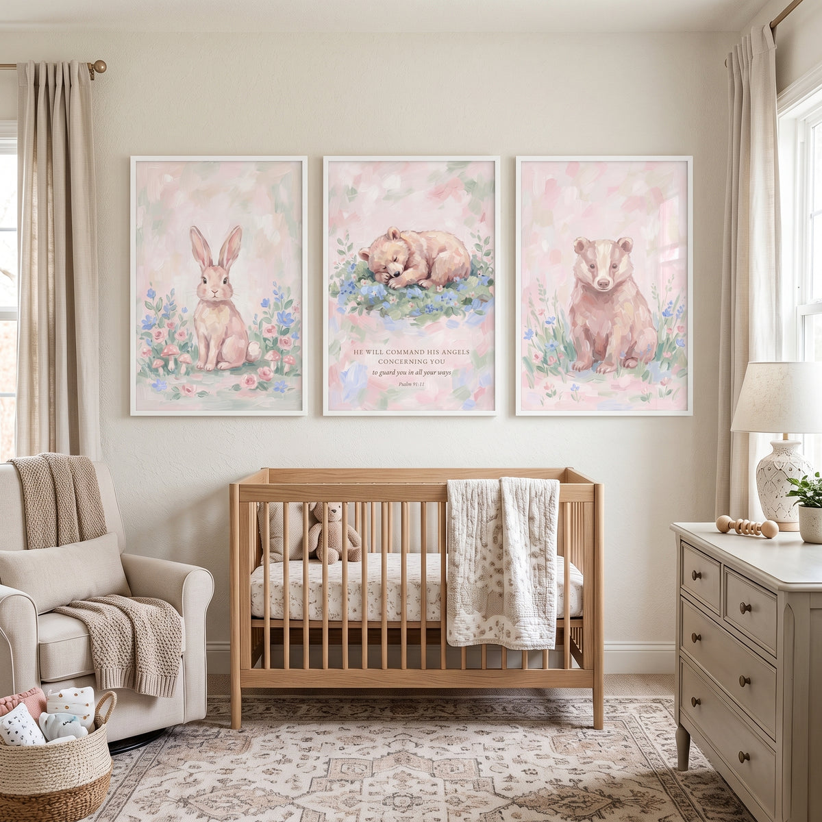Soft Impressionist Woodland Animals Wall Art Set of 3 - Woodland Angel Grace
