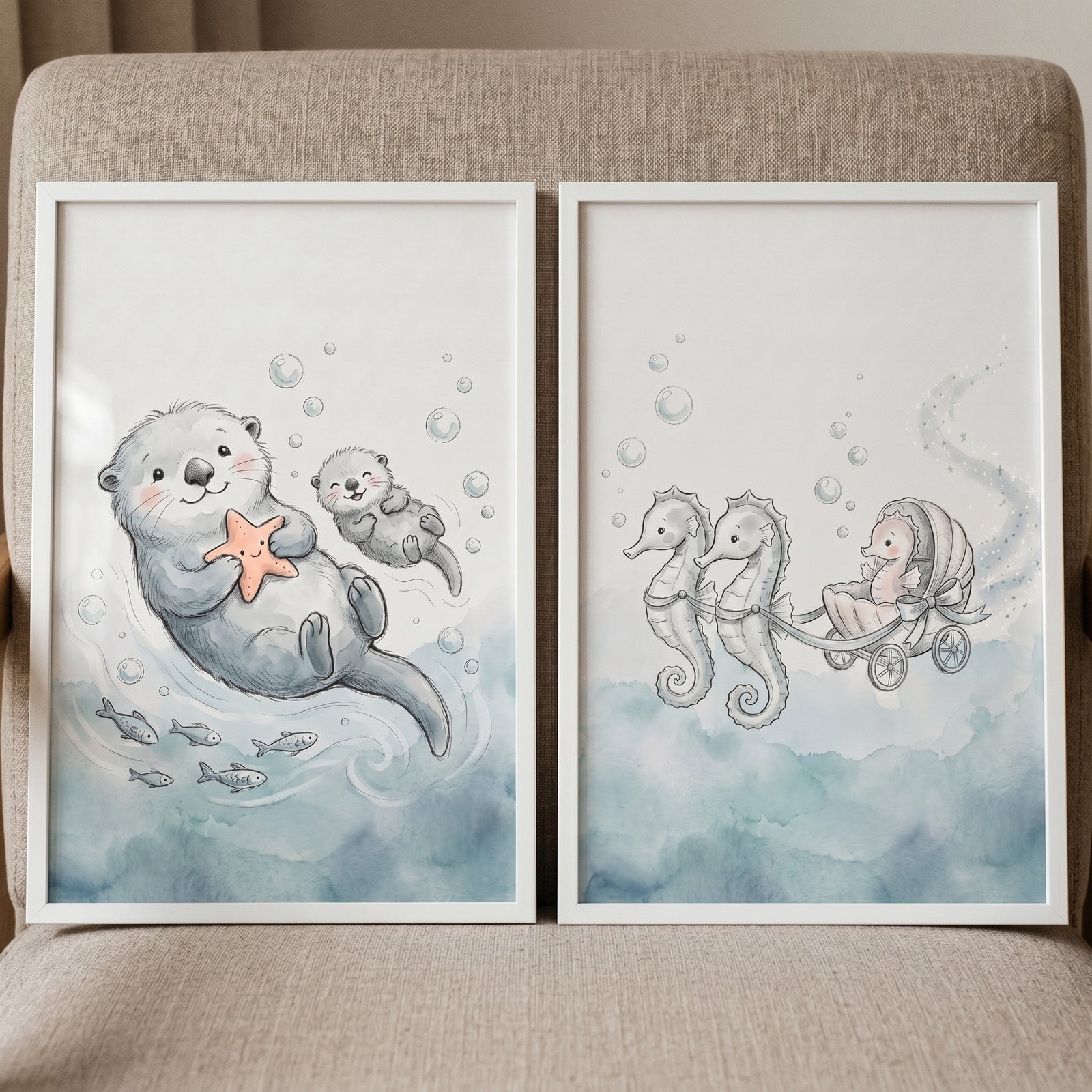 Soft indigo sea creature wall art set of 2 featuring watercolor otters and a seahorse carriage in white frames.