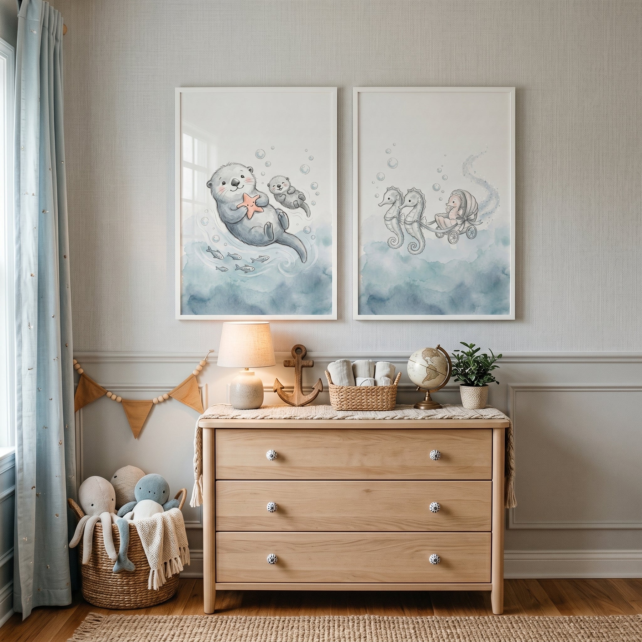 Soft Indigo Sea Creature Wall Art Set of 2 - Ocean Nursery Friends