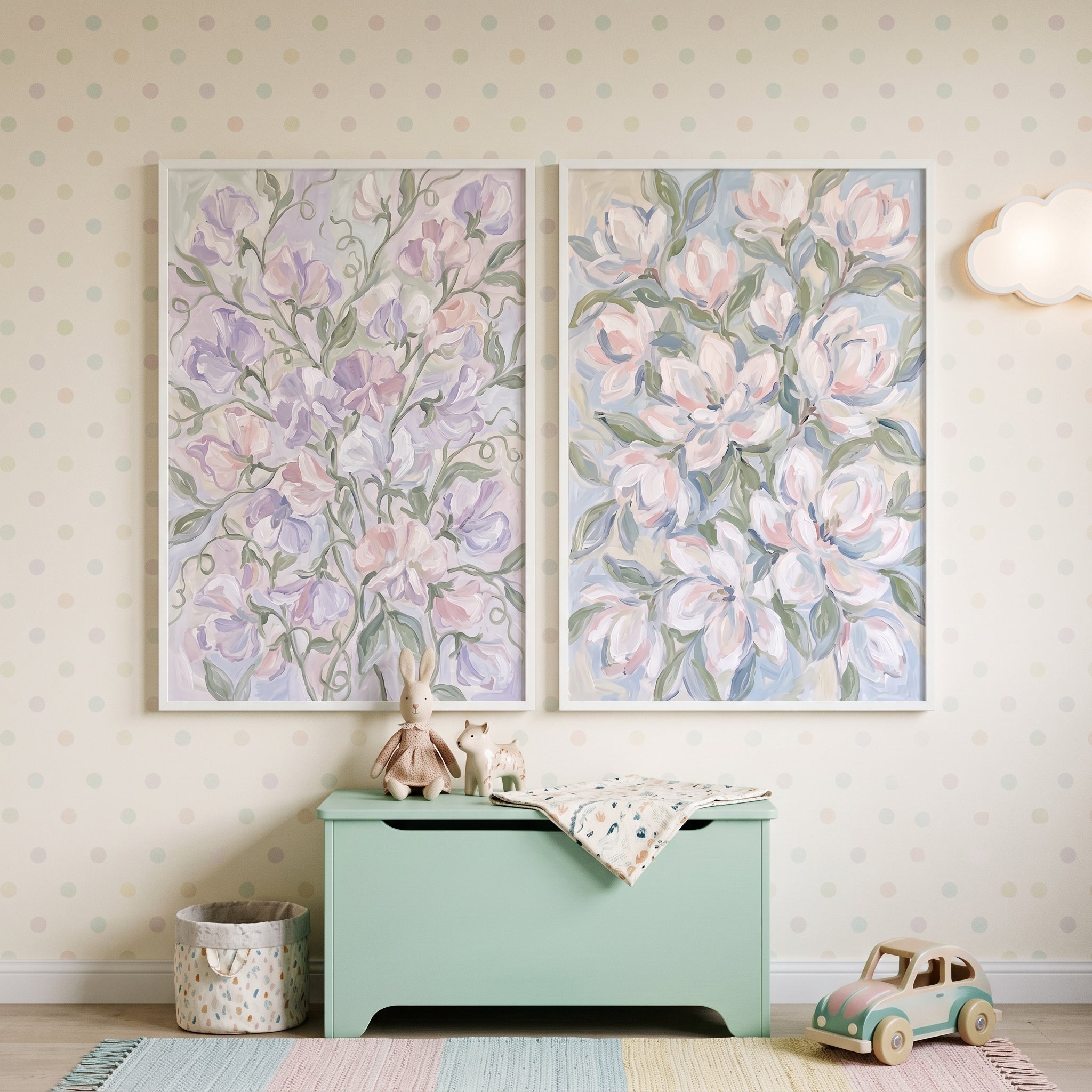 Soft Lavender Botanical Floral Wall Art Set of 2 - Soft Pastel Flora