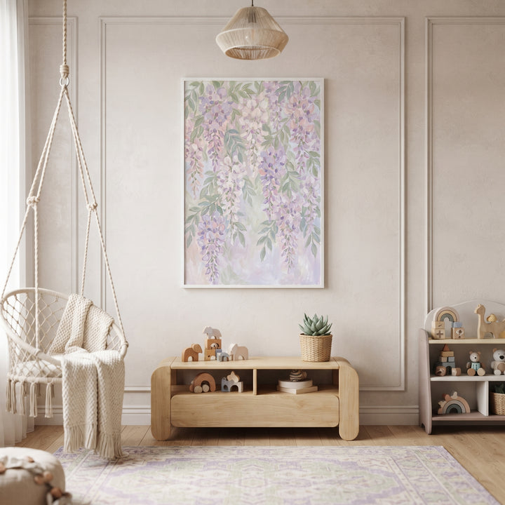 Soft lavender cascading wisteria floral wall art displayed in a neutral nursery with a wood console and hanging chair.