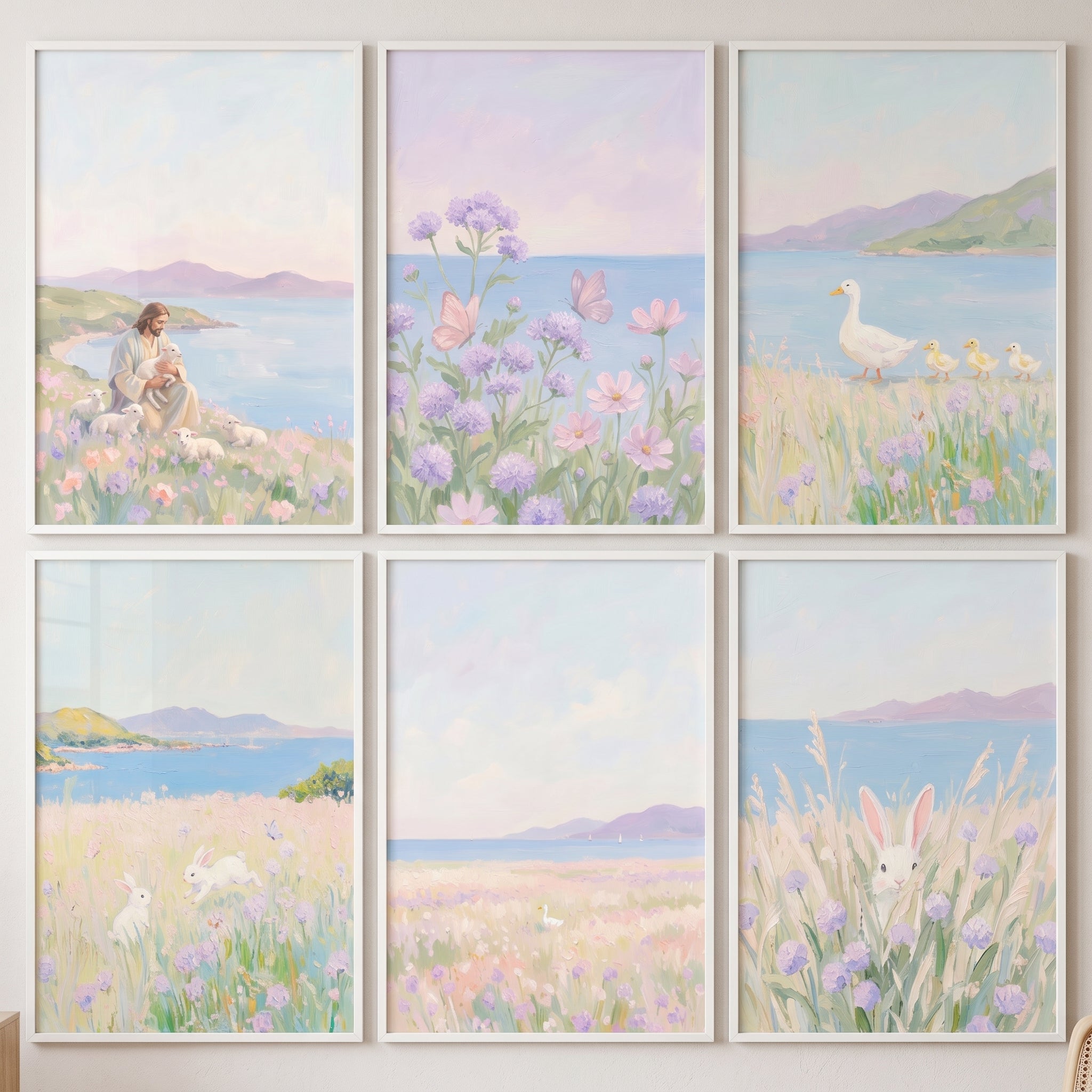 Soft Lavender Coastal Wall Art Set of 6 - Pastel Meadow Peace