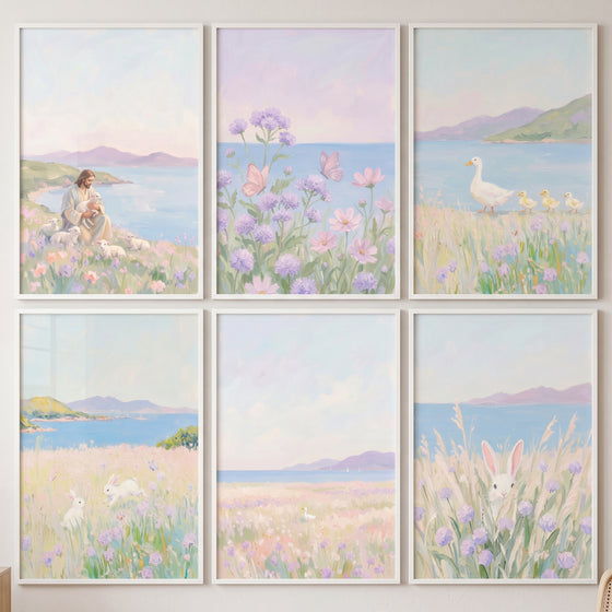 Soft lavender coastal wall art set of 6 featuring Jesus with lambs, flowers, ducks, and bunnies in pastel landscapes.