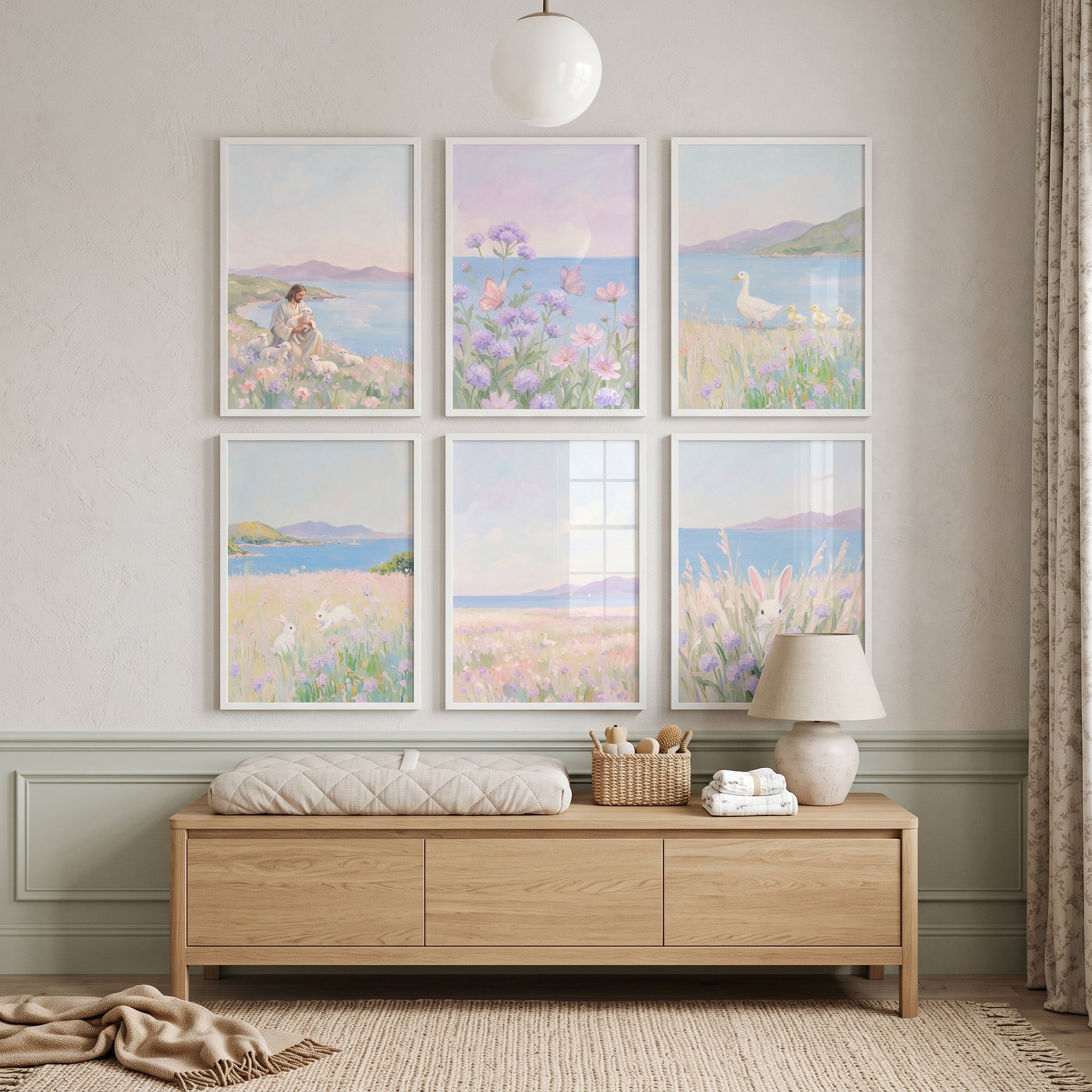 Soft Lavender Coastal Wall Art Set of 6 - Pastel Meadow Peace