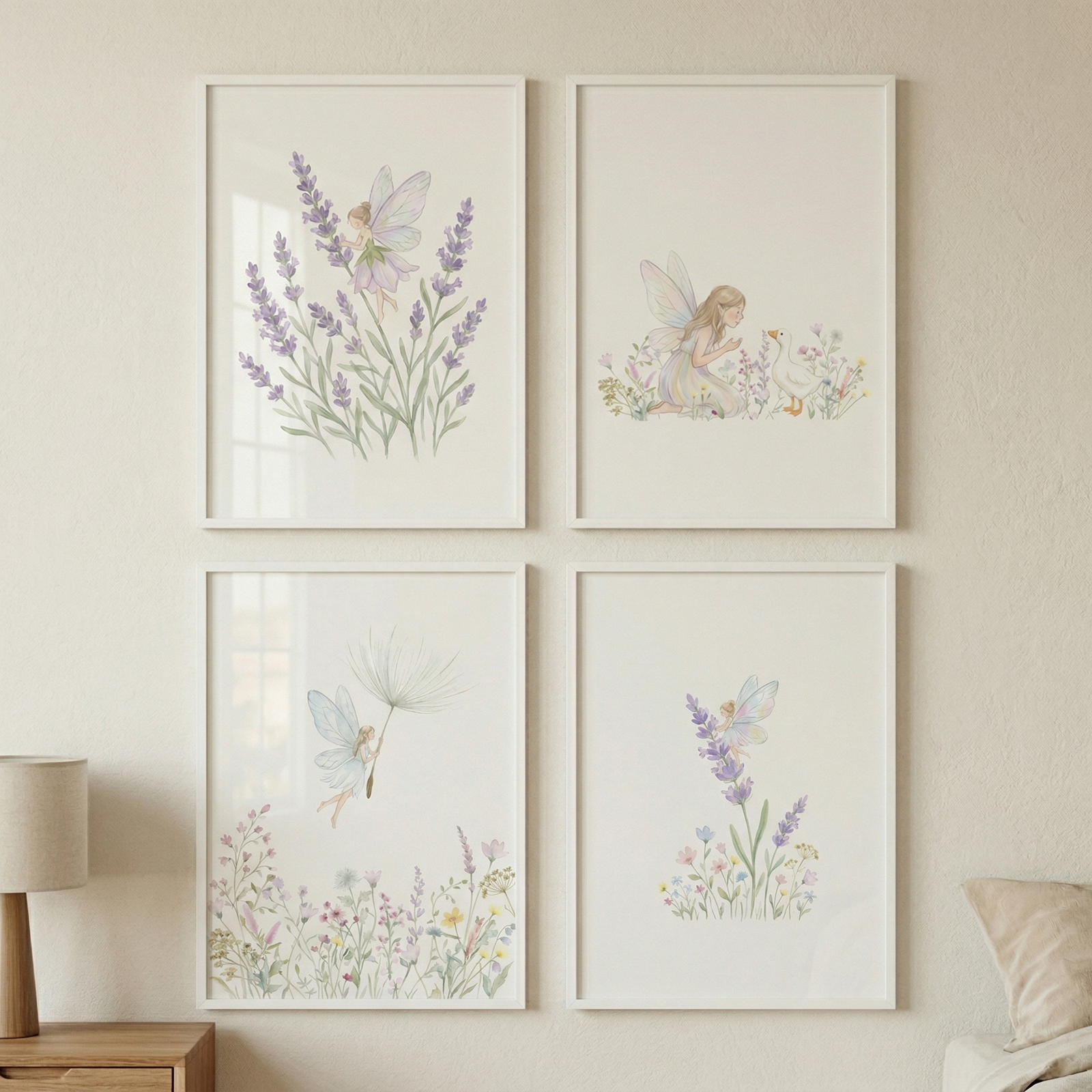 Four thin white frames are arranged in a square grid on a light-colored wall. Each frame holds a delicate illustration featuring whimsical fairies and garden themes in a soft watercolor style. Top left: a fairy flies amidst tall lavender. Top right: a fairy kneels in a meadow next to a small white bird. Bottom left: a fairy floats holding a large dandelion seed above wildflowers. Bottom right: a fairy perches atop a lavender sprig blooming from a small flower cluster.