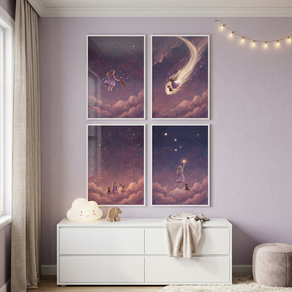 Soft Lavender Girl Puppy Artwork Set of 4 - Midnight Cloud Wonders
