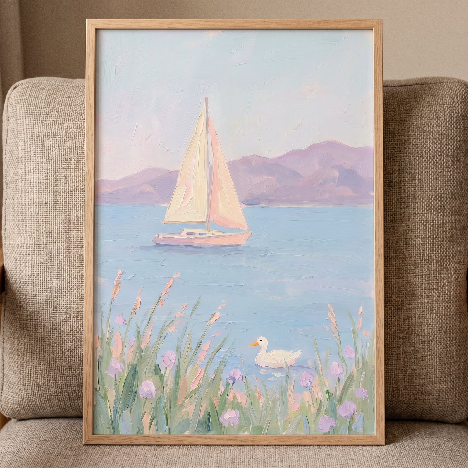 Soft lavender mountain sailboat wall art with a white duck, pink boat, and purple flowers on a textured blue lake.