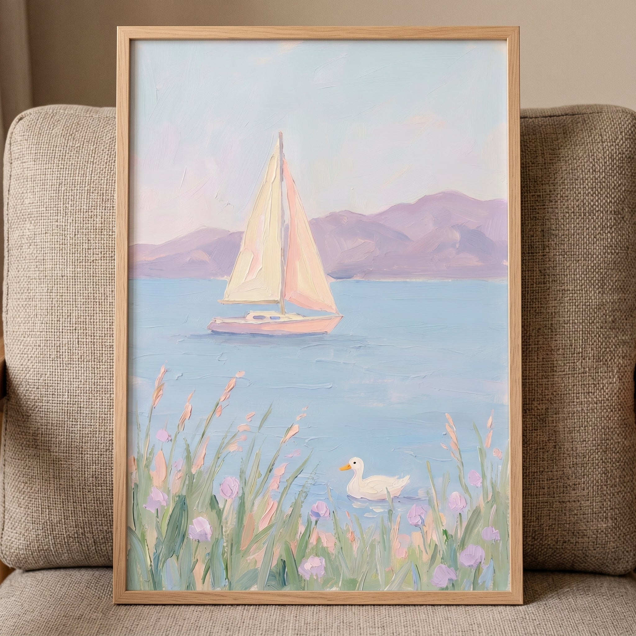Soft Lavender Mountain Sailboat Wall Art - Soft Pastel Sail