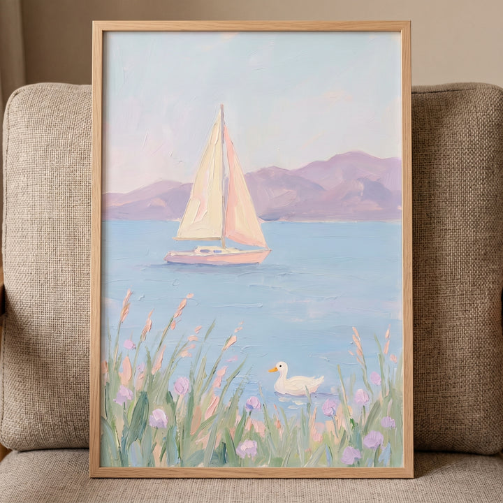 Soft lavender mountain sailboat wall art with a white duck, pink boat, and purple flowers on a textured blue lake.