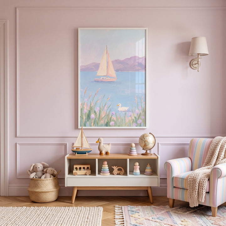 Soft lavender mountain sailboat wall art hangs in a pink nursery above a wooden toy shelf and a striped armchair.