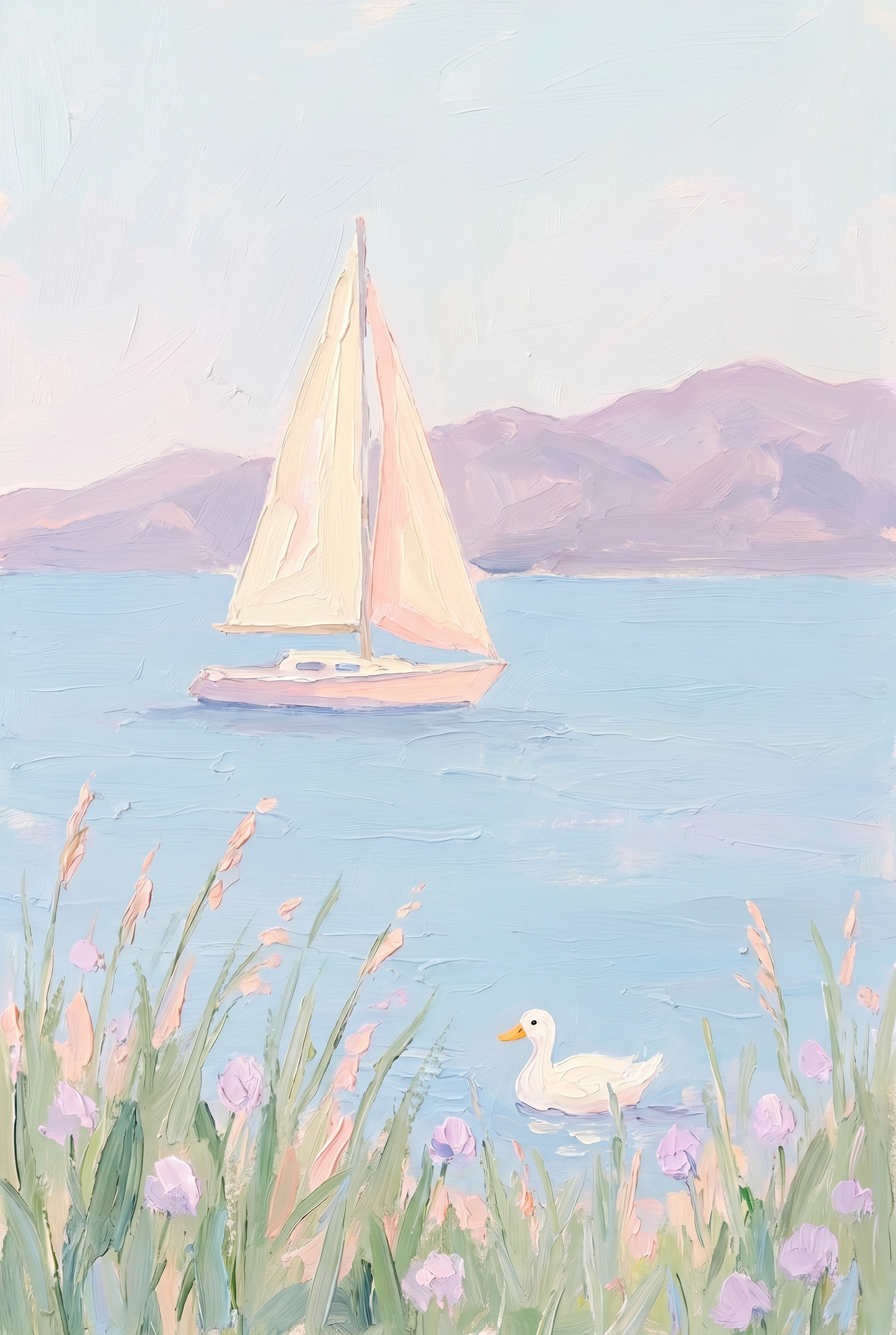 Soft Lavender Mountain Sailboat Wall Art - Soft Pastel Sail