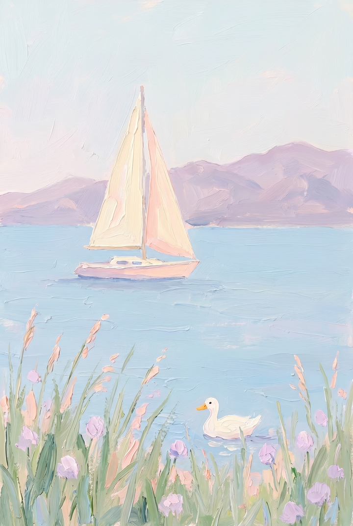 Soft lavender mountain sailboat wall art features a white duck swimming near flowers and a boat on calm blue water.
