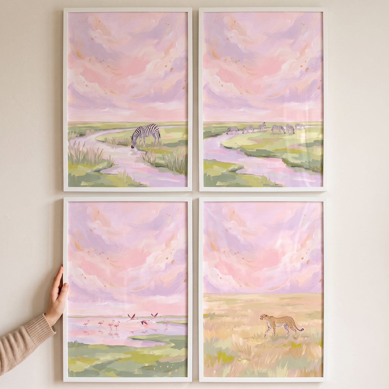 Soft lavender safari animals wall art set of 4 featuring zebras, flamingos, and a cheetah in pastel savanna landscapes.