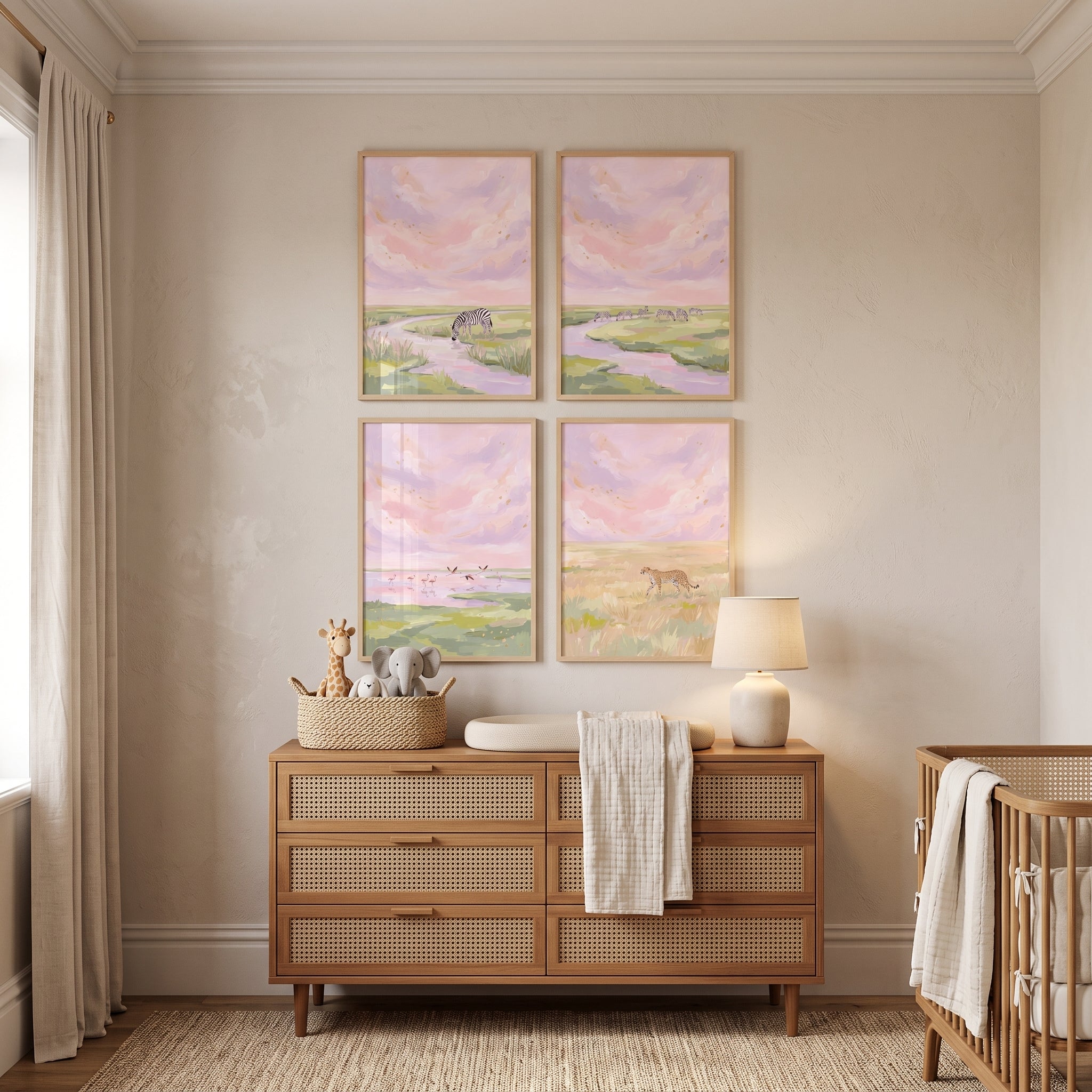 Soft Lavender Safari Animals Wall Art Set of 4 - Serene Wildlife Series