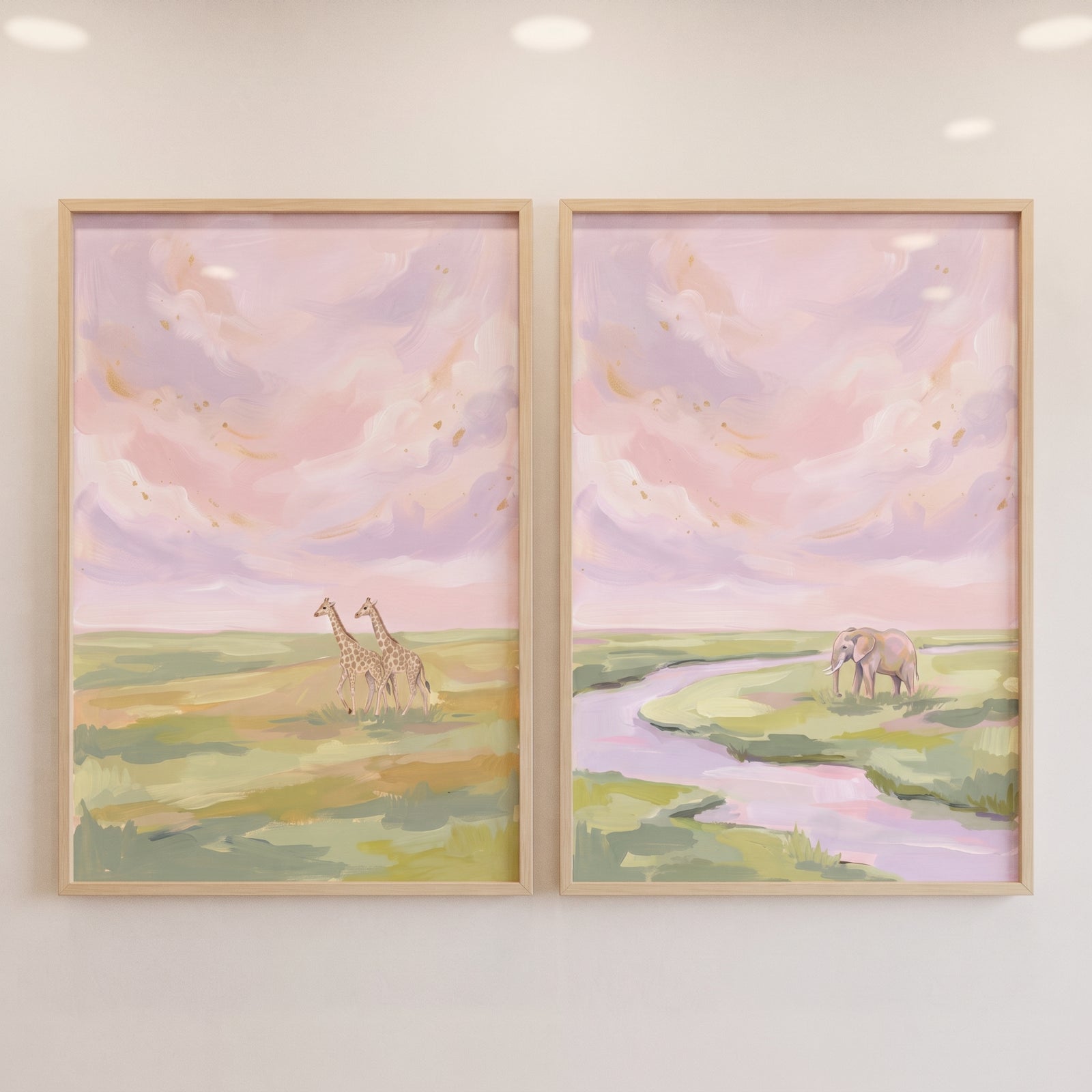 Giraffes, an elephant, and a river in a pastel landscape. Soft lavender savanna animals wall art set of 2.