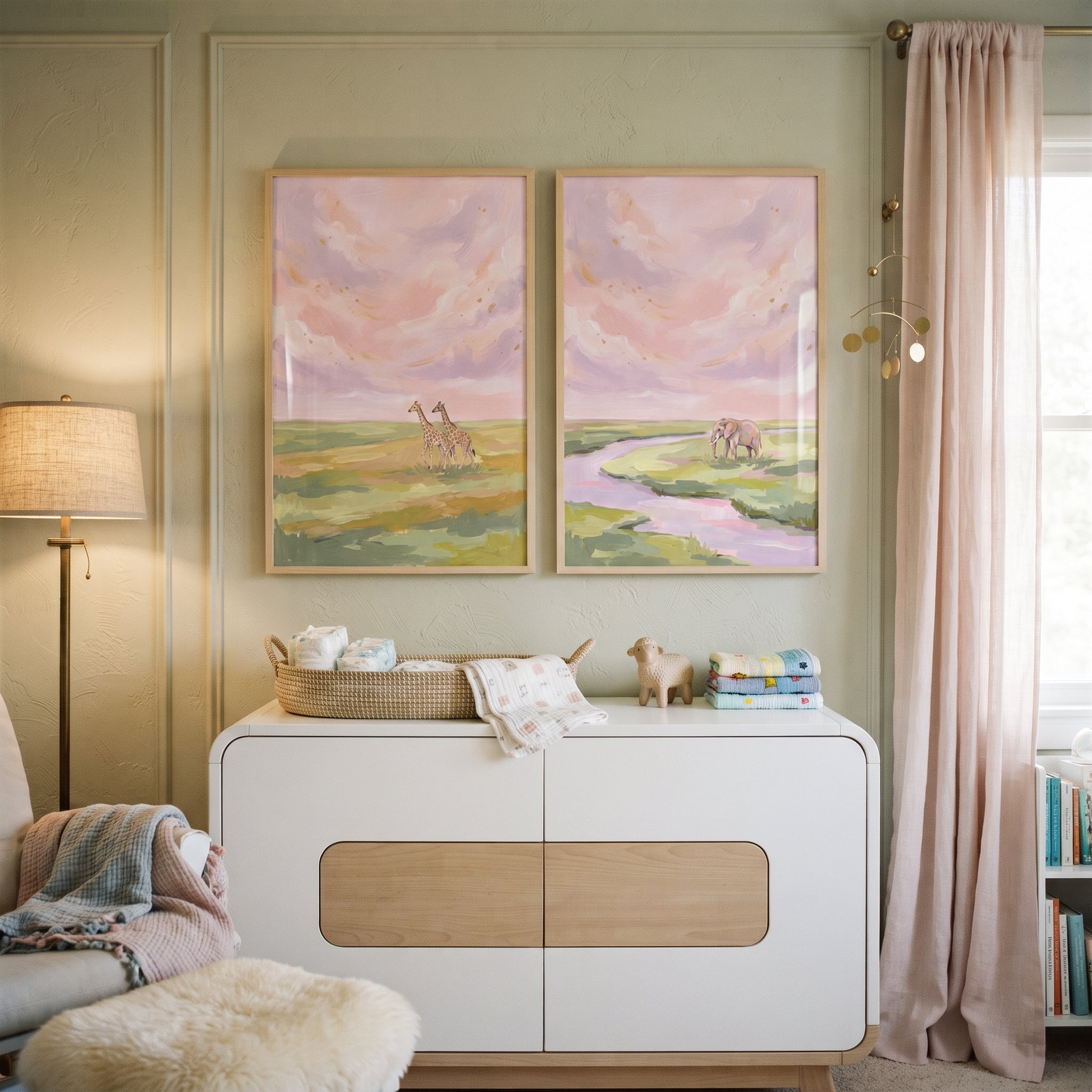 Soft Lavender Savanna Animals Wall Art Set of 2 - Pastel Savanna Sky