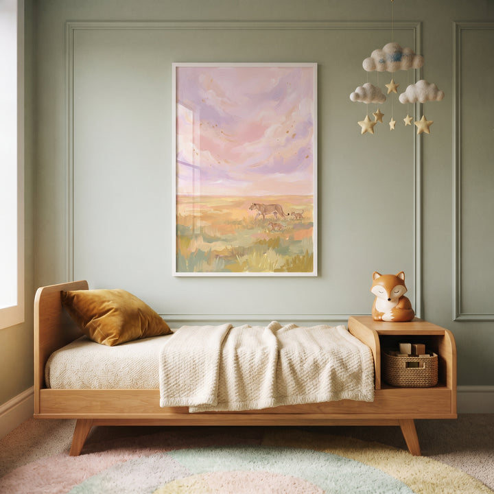 Green room with soft lavender savanna lions wall art, wooden bed, fox lamp, cloud mobile, and a pastel rainbow rug.