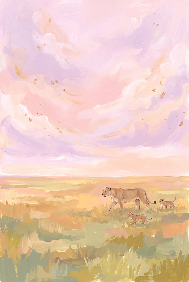 Lioness and two cubs walk through a soft lavender savanna lions wall art under a pastel pink and purple sky.