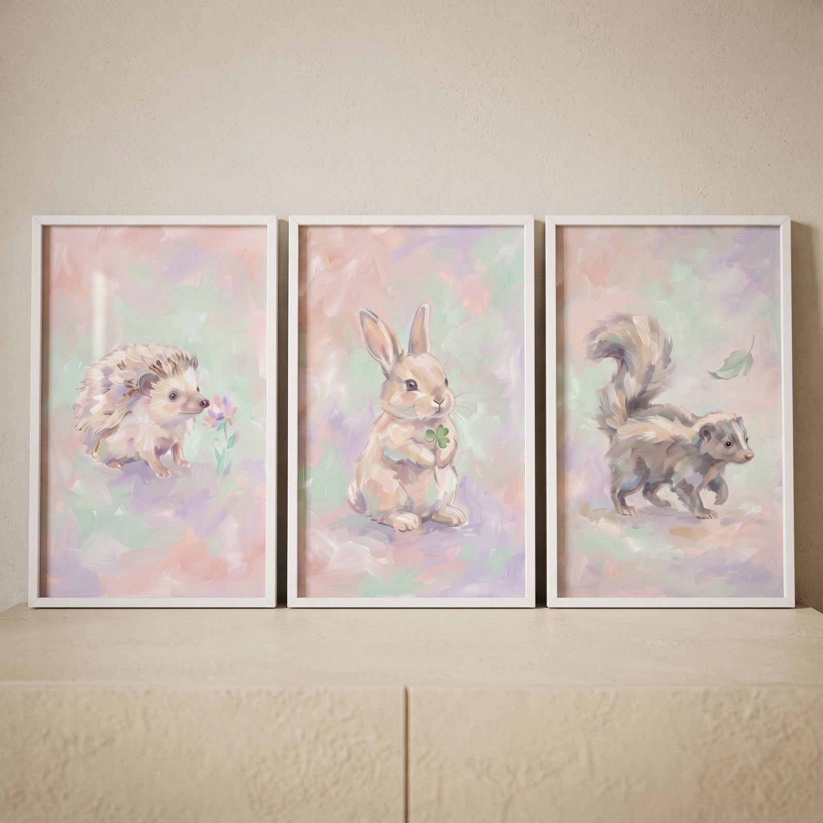 Soft lilac baby animal wall art set of 3 with pastel illustrations of a hedgehog, rabbit, and skunk.