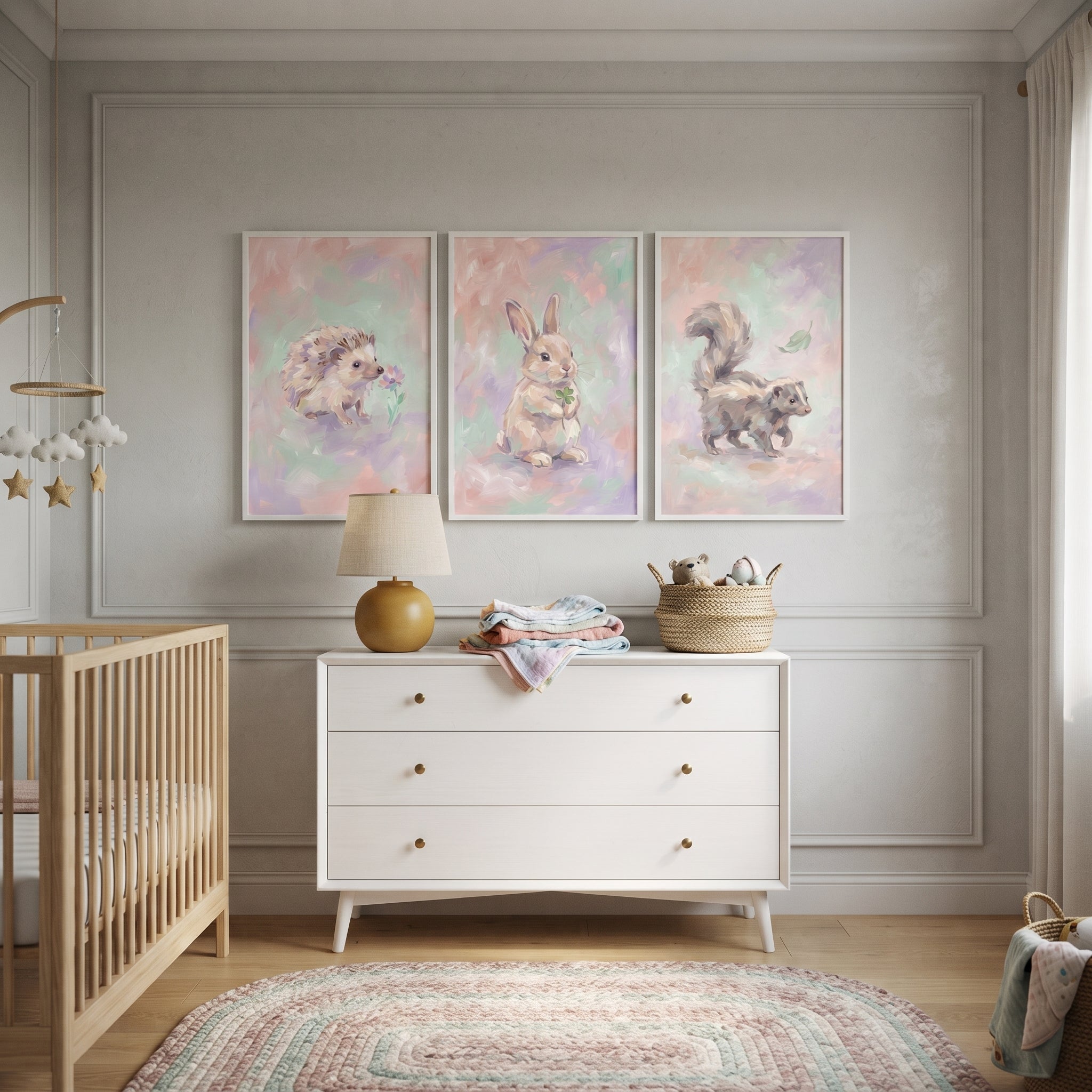 Soft Lilac Baby Animal Wall Art Set of 3 - Sweet Nature Critters