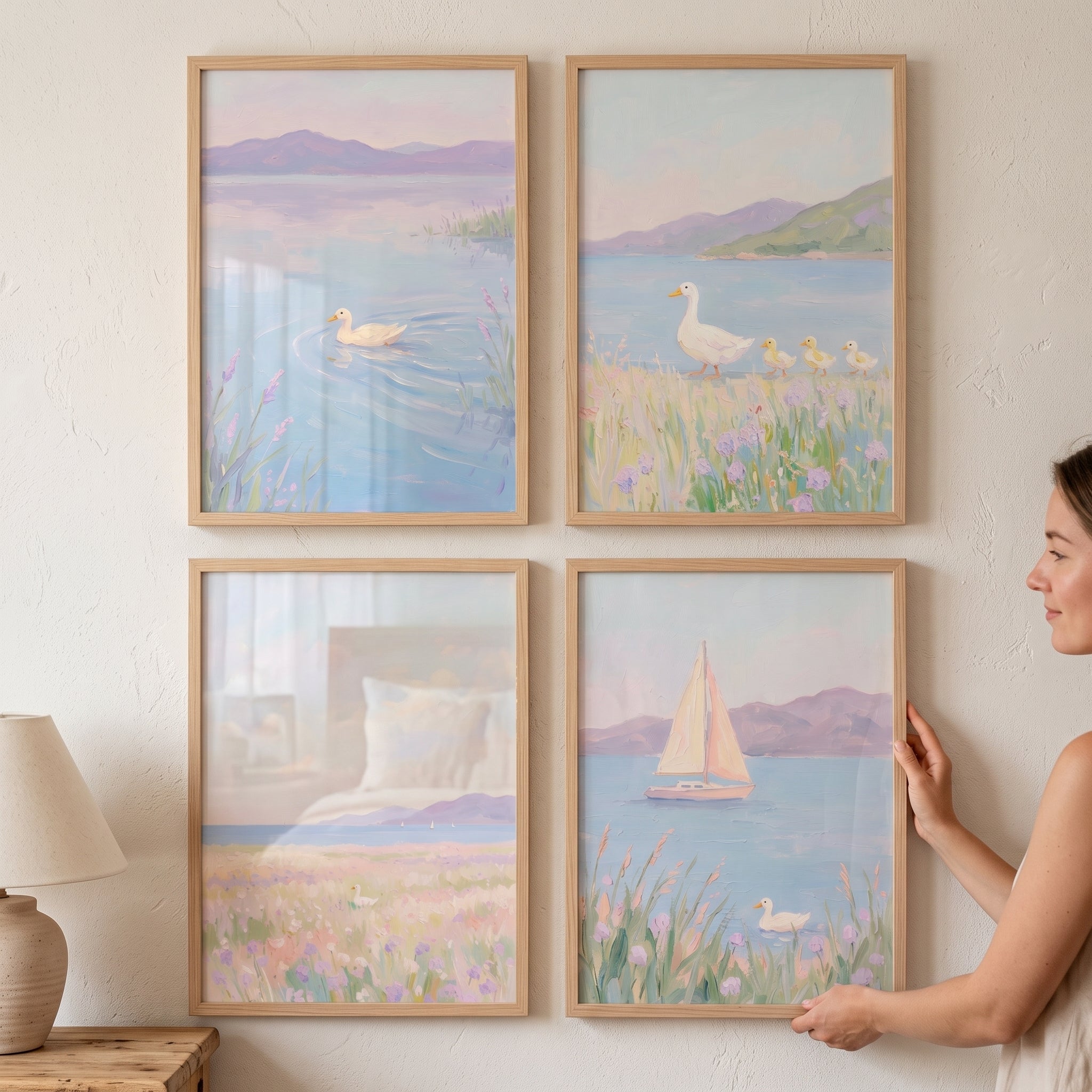 Soft Lilac Coastal Duck Wall Art Set of 4 - Lavender Lakeside Dreams