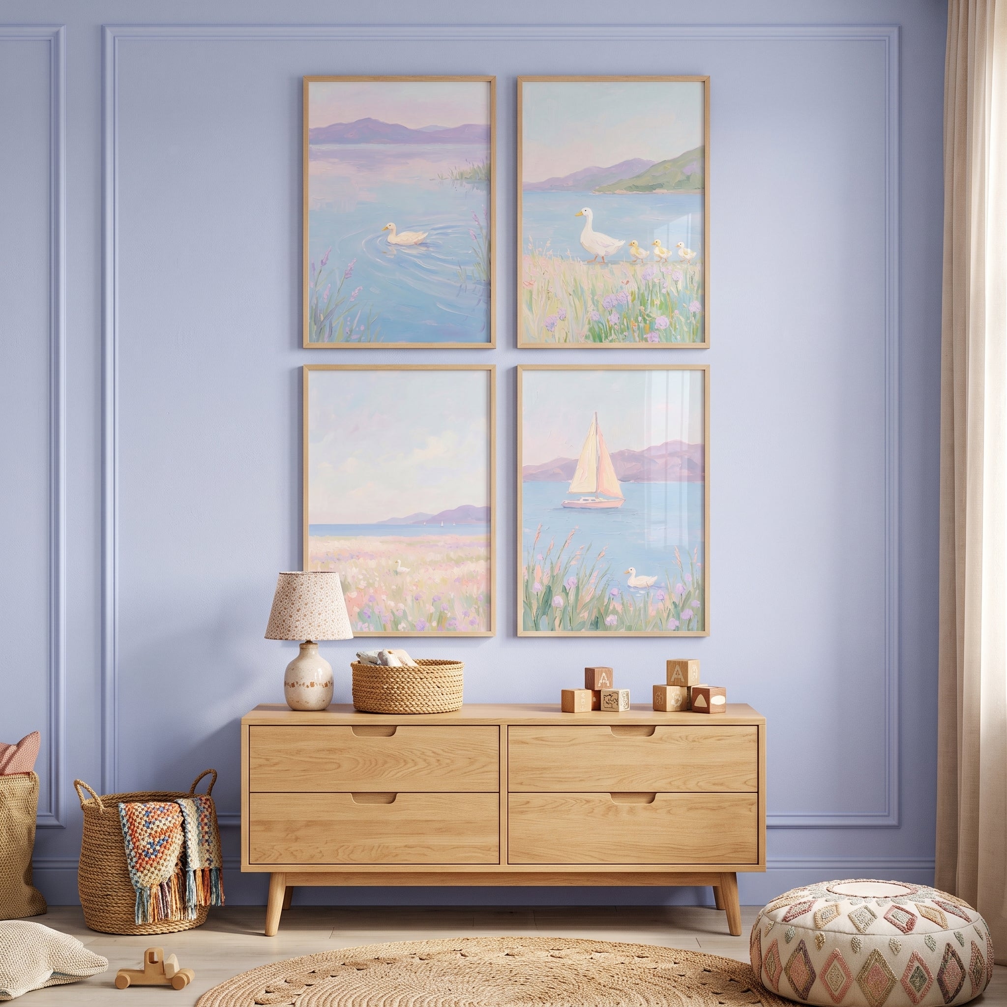 Soft Lilac Coastal Duck Wall Art Set of 4 - Lavender Lakeside Dreams