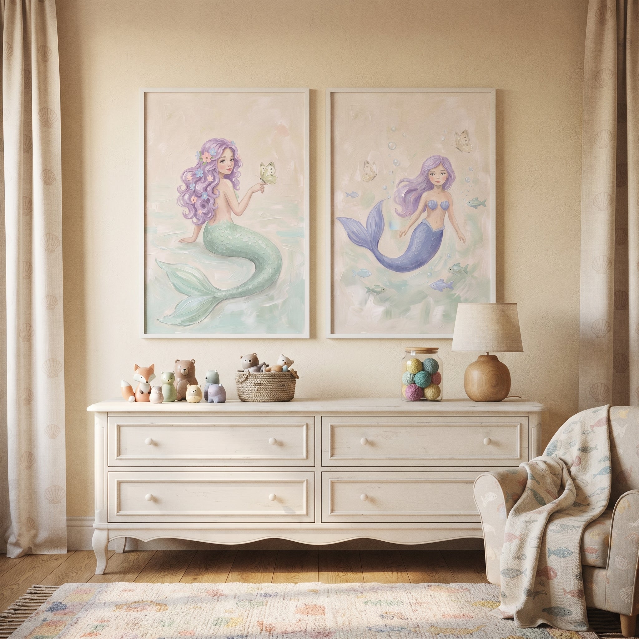 Soft Lilac Hair Mermaid Wall Art Set of 2 - Whimsical Ocean Duo