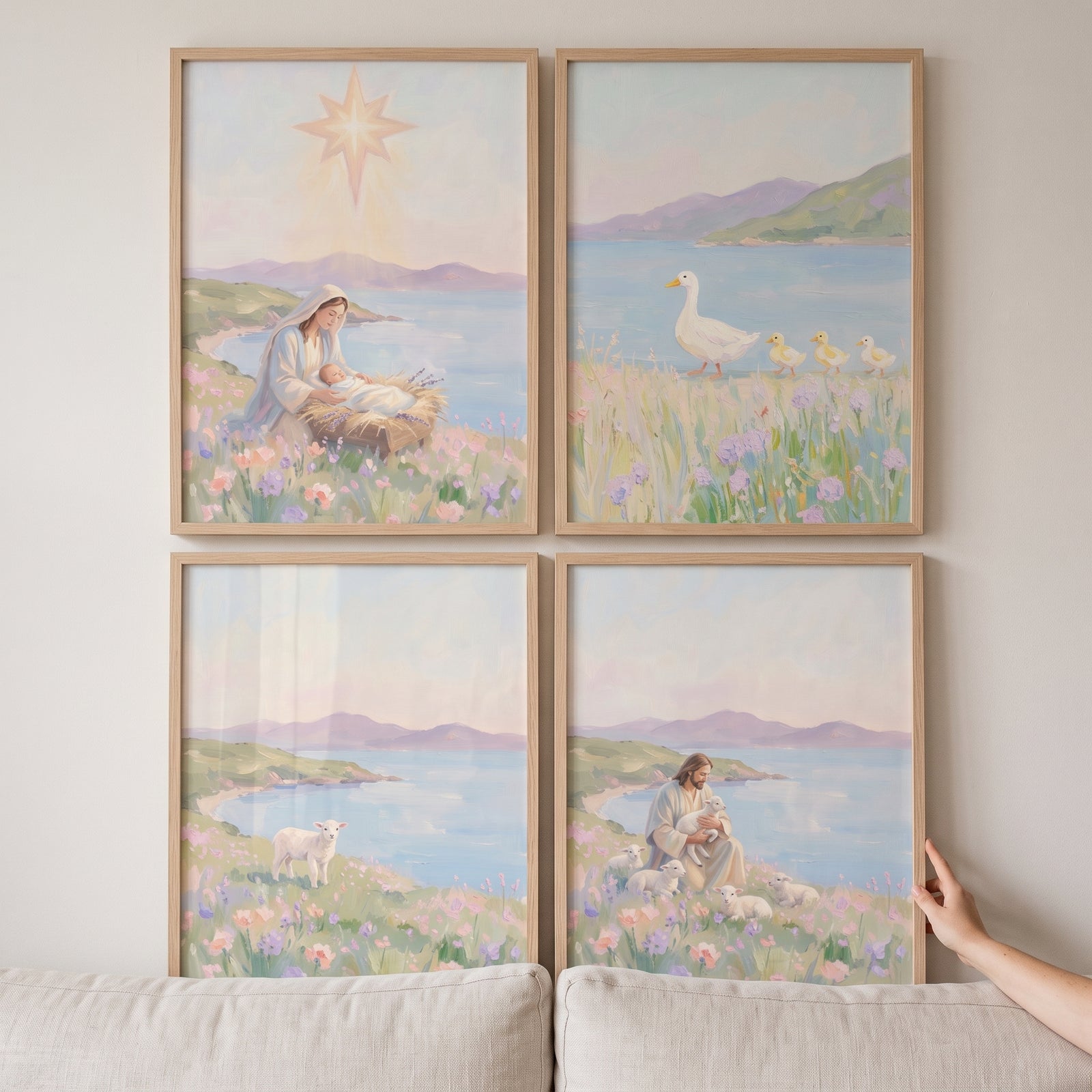 Soft lilac meadow coastal wall art set of 4 with Mary and baby Jesus, a goose, a lamb, and Jesus Christ with sheep.