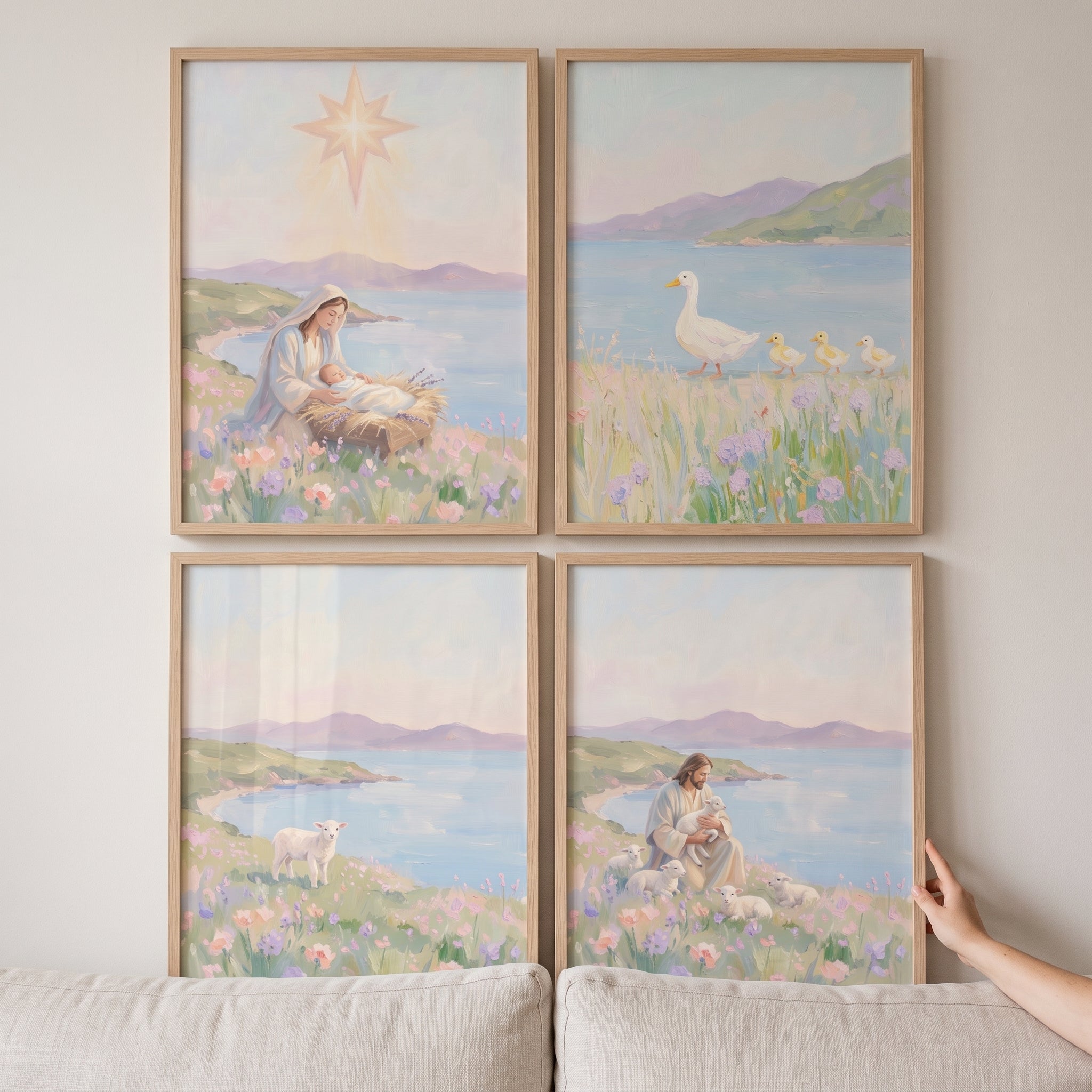 Soft Lilac Meadow Coastal Wall Art Set of 4 - Jesus Our Shepherd