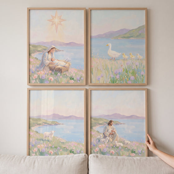 Soft lilac meadow coastal wall art set of 4 with Mary and baby Jesus, a goose, a lamb, and Jesus Christ with sheep.