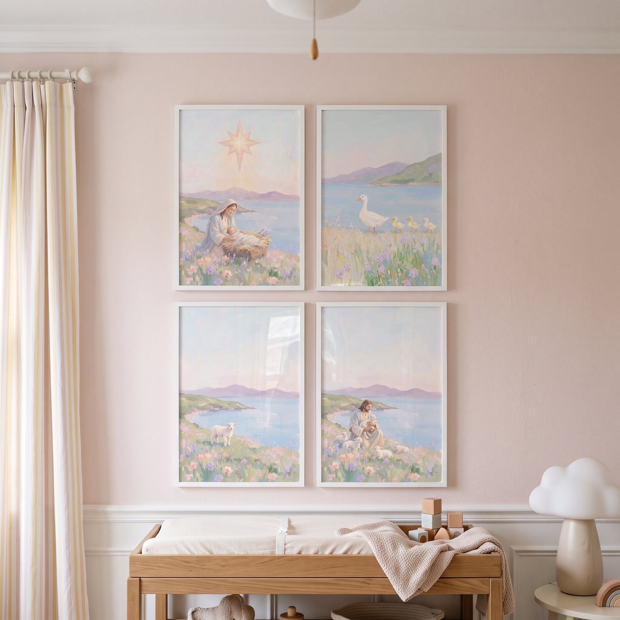 Soft Lilac Meadow Coastal Wall Art Set of 4 - Jesus Our Shepherd