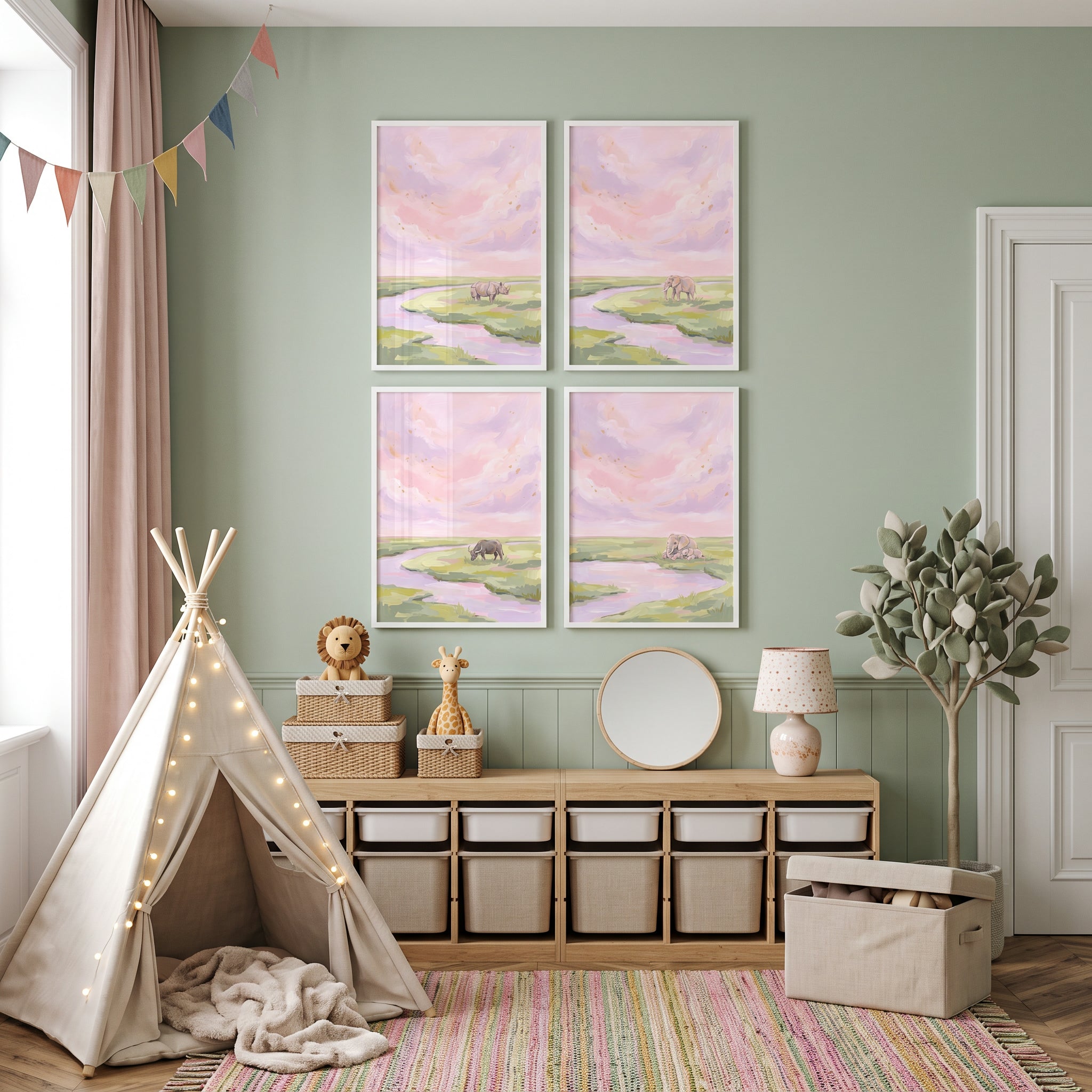 Soft Lilac Safari Animals Wall Art Set of 4 - Serene River Wildlife