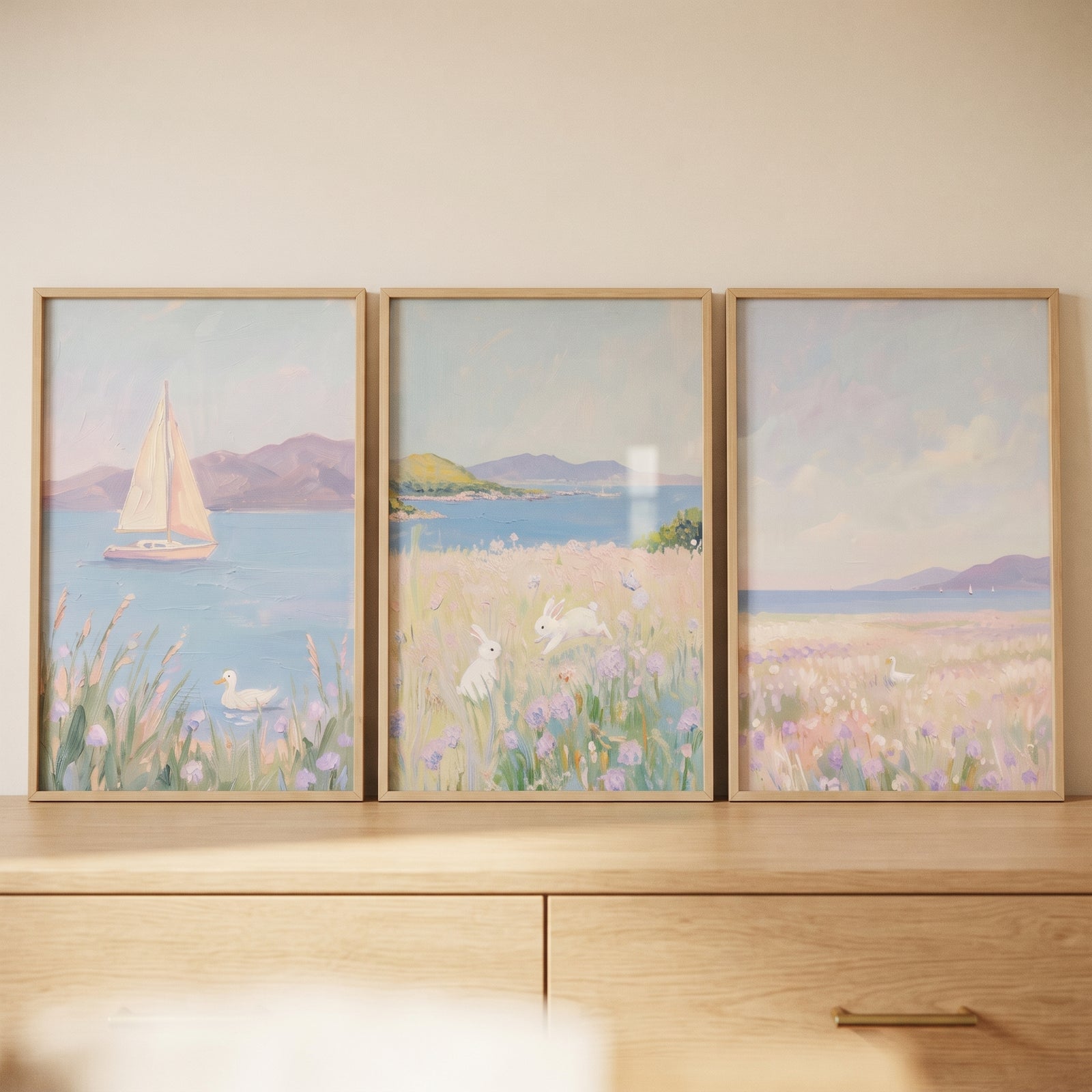 Soft lilac seaside landscape artwork set of 3 featuring rabbits, a sailboat, and flowers on a light wood dresser.
