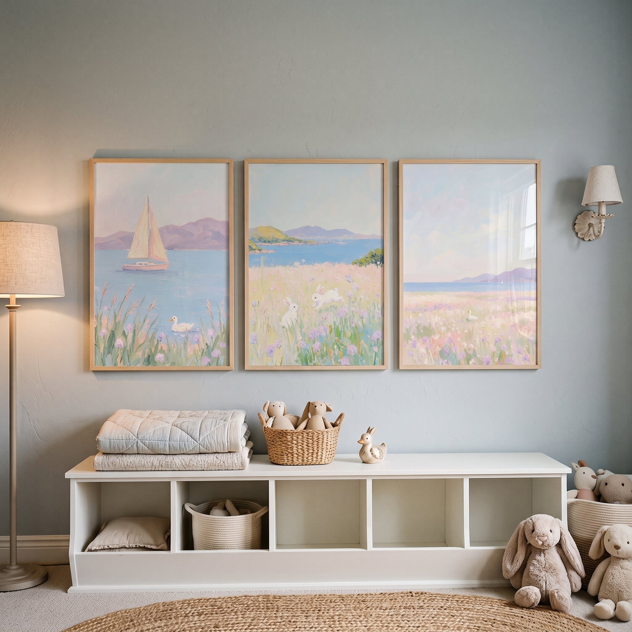 Soft Lilac Seaside Landscape Artwork Set of 3 - Whimsical Pastel Shore