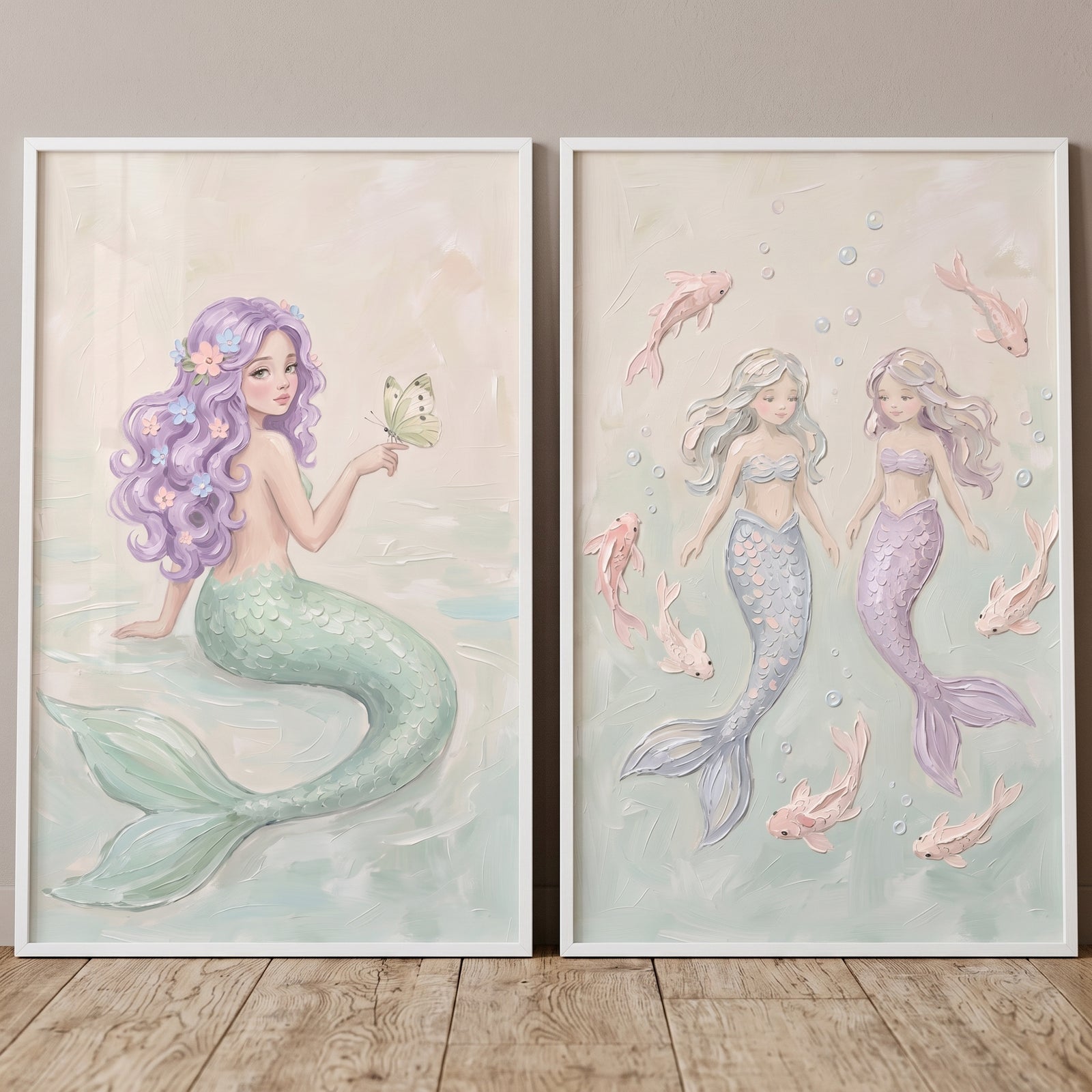 soft lilac whimsical mermaid wall art set of 2 featuring pastel mermaids, a butterfly, and swimming pink fish.