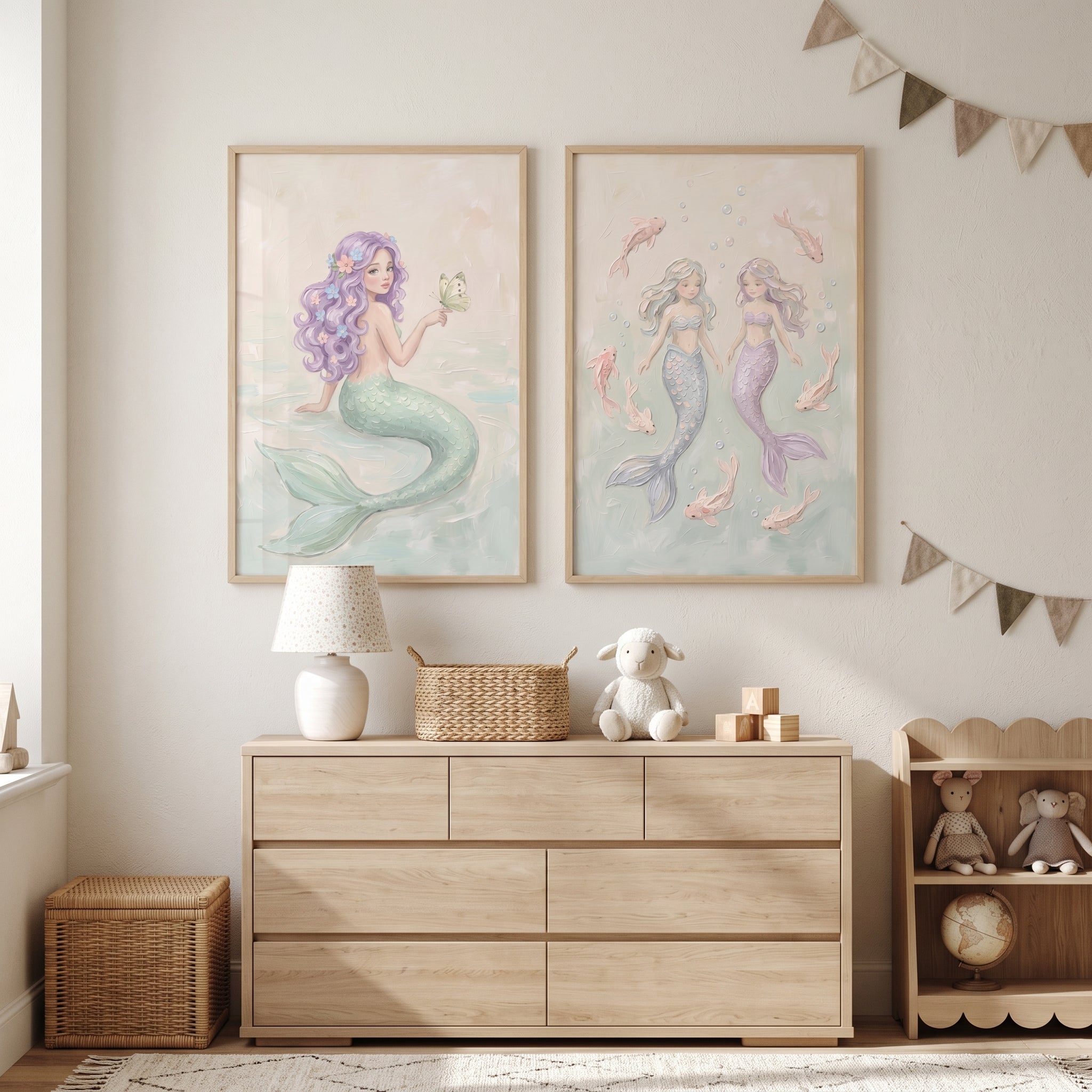 Soft Lilac Whimsical Mermaid Wall Art Set of 2 - Whimsical Ocean Friends
