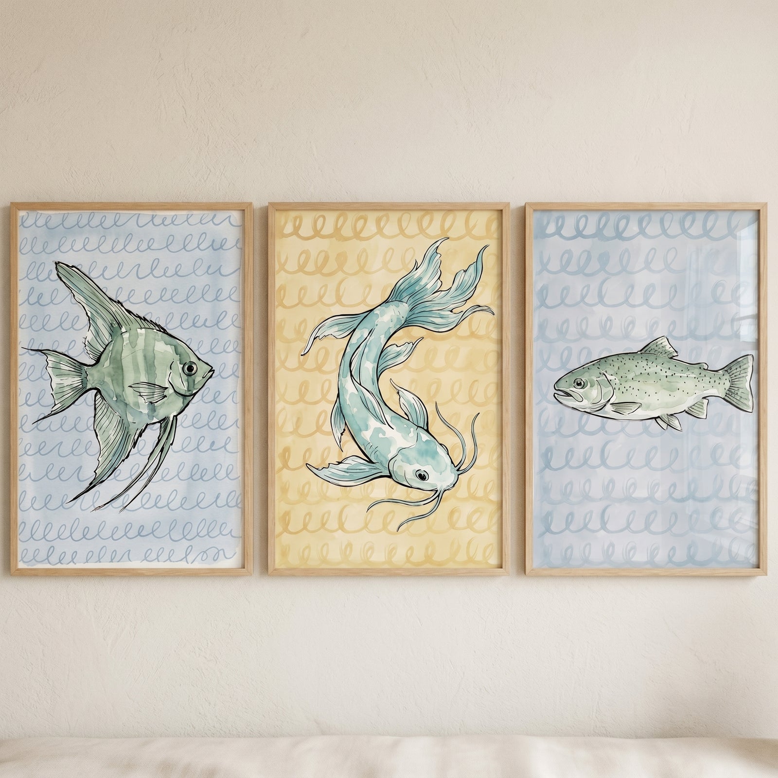 Soft loopy background fish wall art set of 3 featuring an angelfish, catfish, and trout in light wood frames.