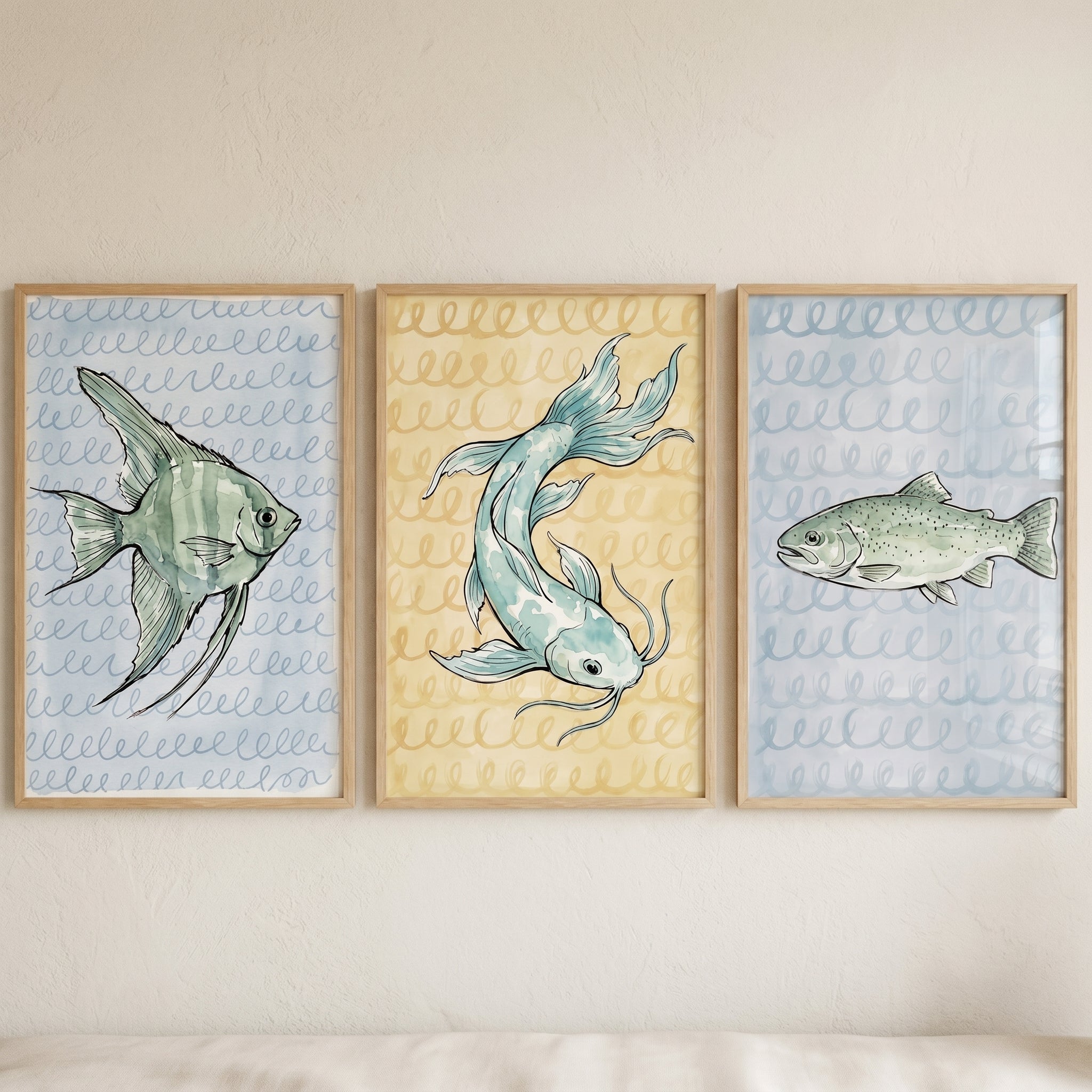 Soft Loopy Background Fish Wall Art Set of 3 - Artistic Aquatic Life