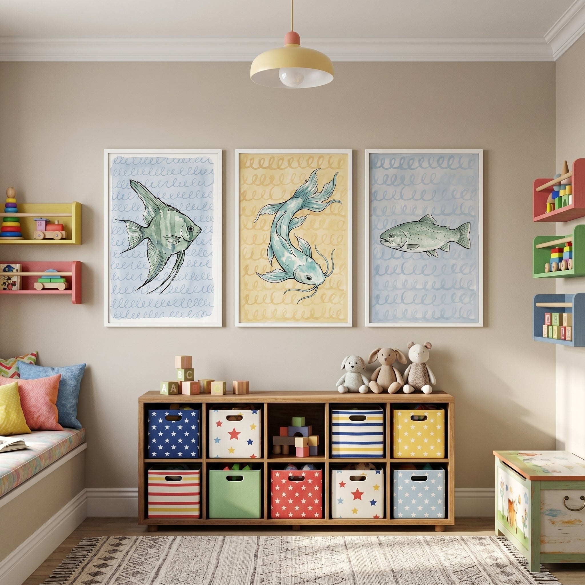 Soft Loopy Background Fish Wall Art Set of 3 - Artistic Aquatic Life