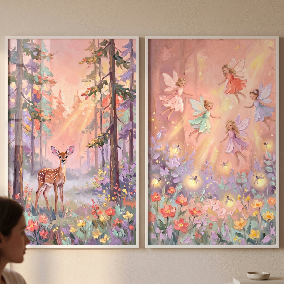 Soft luminous enchanted forest wall art set of 2 with a deer, flying fairies, and fireflies in a sunlit pastel woodland.