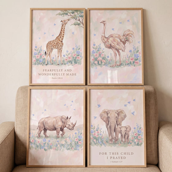 Soft meadow african animals wall art set of 4 featuring a giraffe, ostrich, rhino, and elephants with scripture.