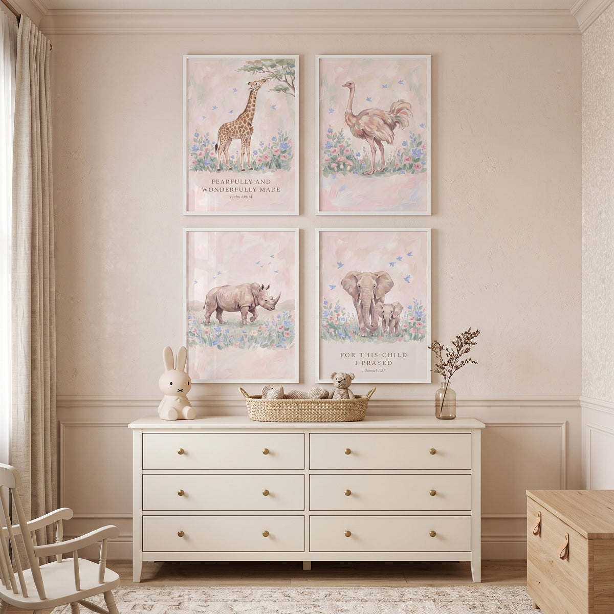 Soft Meadow African Animals Wall Art Set Of 4 - Scripture Safari Art