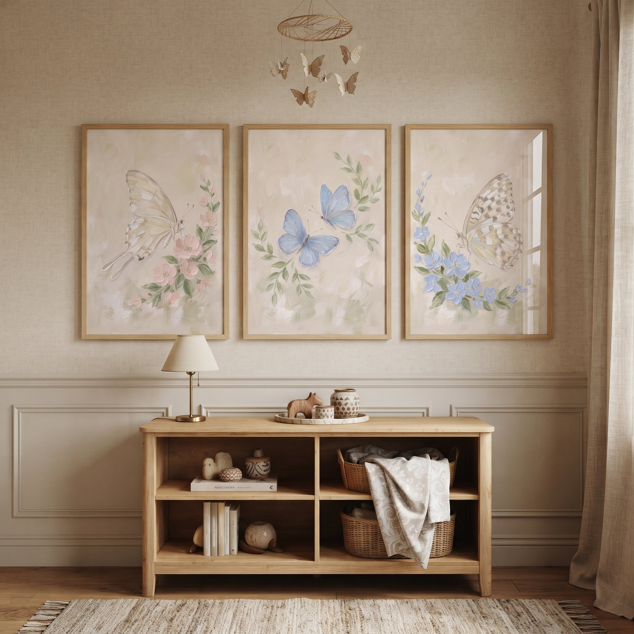 Soft Meadow Floral Butterfly Wall Art Set of 3 - Whimsical Meadow Bliss