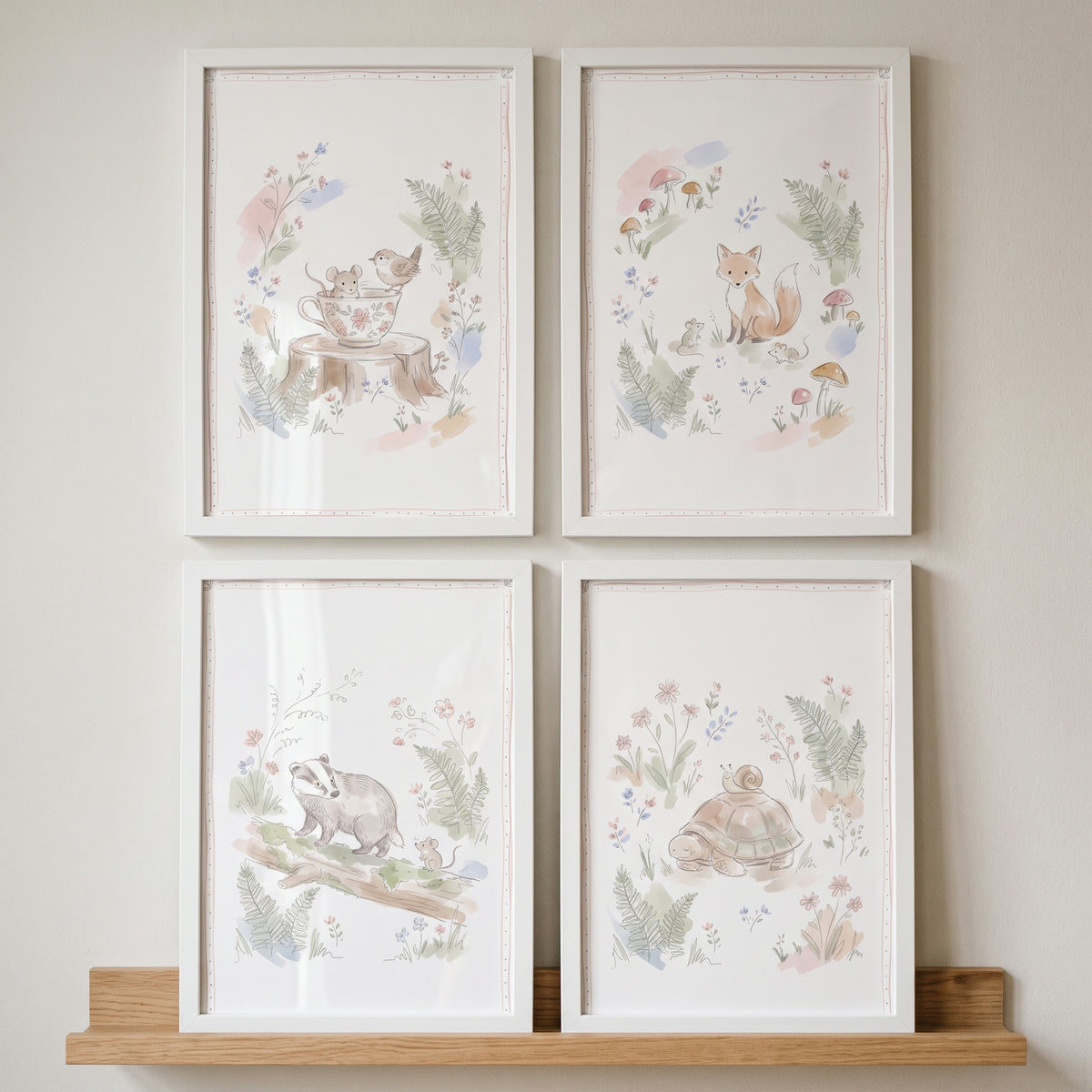 Soft meadow woodland animal wall art set of 4 featuring a mouse, fox, badger, and turtle in a watercolor style.
