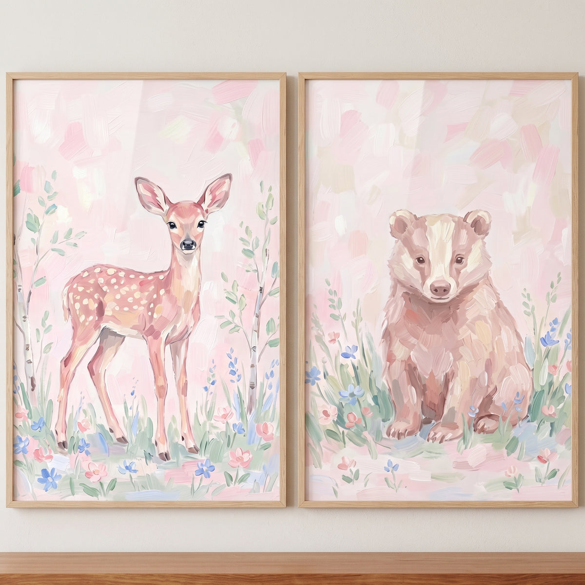 Soft meadow woodland animals wall art set of 2 featuring a fawn and a bear cub among pastel flowers.
